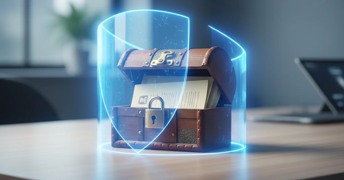 光る盾に守られた、鍵つきの箱の中の大切な書類。個人情報を守って使うイメージ。