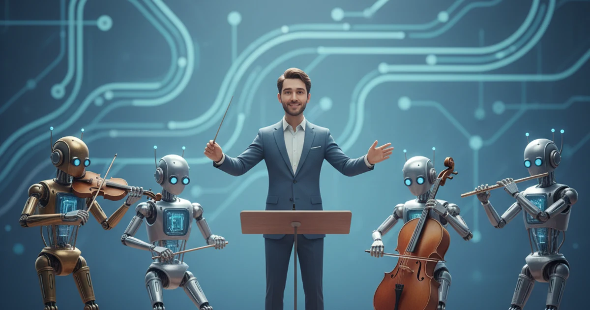 指揮者が、楽器を演奏する複数のロボットをまとめて指揮している。指揮役のAIが専門のAIたちをまとめるイメージ。