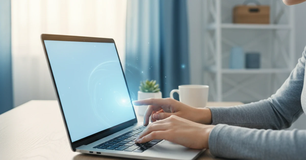 明るい机で、ノートPCに最初のコマンドを打ち込む手元。画面からやわらかな光がのぼる、はじめの一歩の雰囲気。