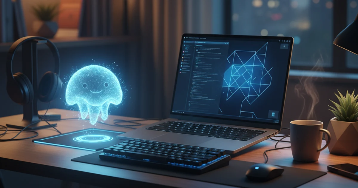 夜のデスクで、ターミナルの光るノートPCの横に、やさしいAIの相棒が寄り添っている様子。指示すると実際に手を動かしてくれる。
